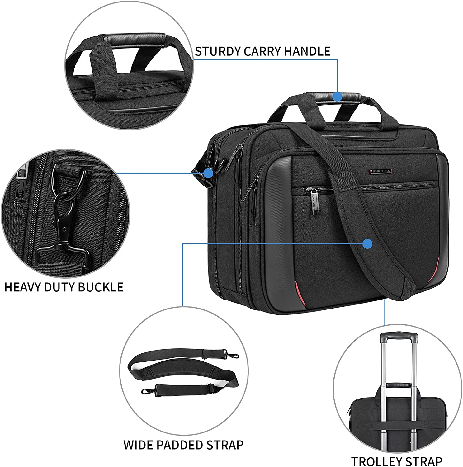 EMPSIGN Laptop Case Briefcase, 17.3 Inch Laptop Bag Expandable Messenger Bag for Men & Women Water Repellent, RFID Blocking Shoulder Bag Canvas Bag for Work, Business Commute Travel School-Black - Image 5